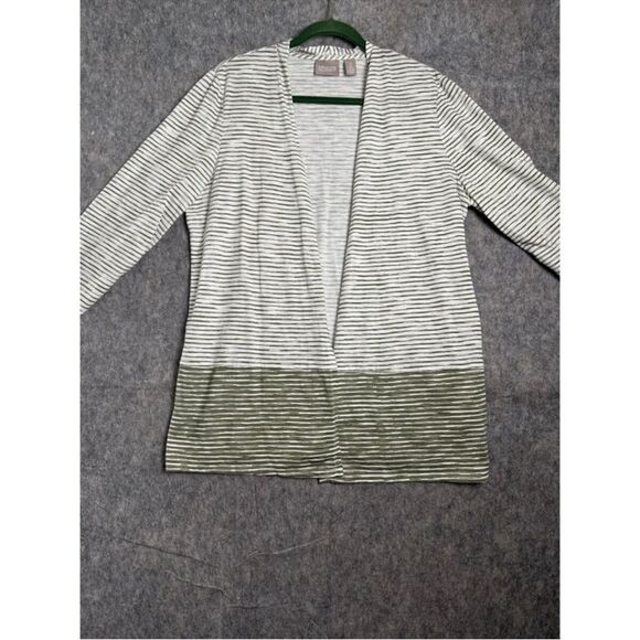 Chico's Cardigan Sweater Women's 2 White Olive Striped Long Sleeve Open Front - Picture 1 of 6